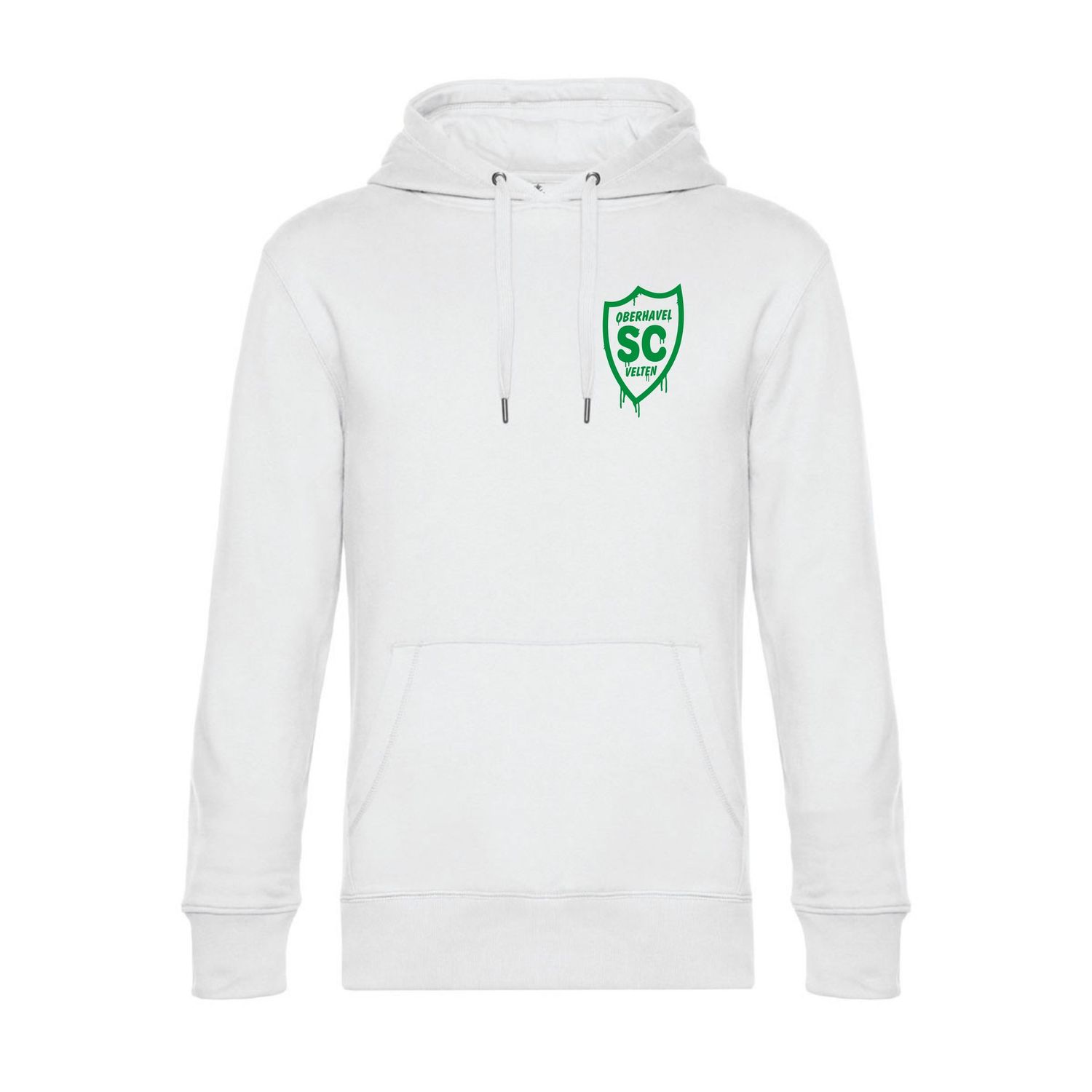 Hoodie in Weiß mit grünem SCO-Wappen auf der Brust, Vorderansicht.