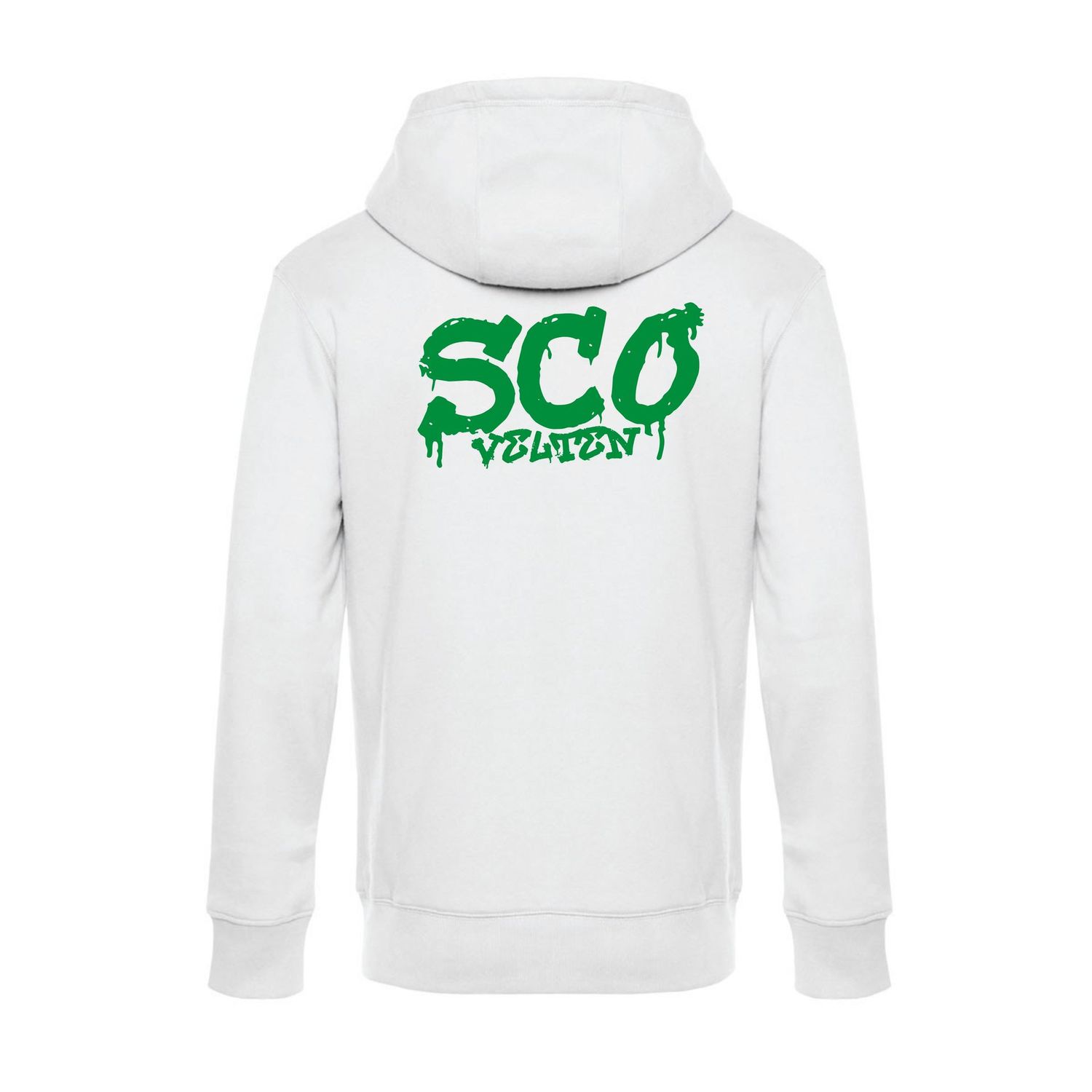 Hoodie in Weiß mit grünem SCO-Graffiti-Motiv, Rückansicht.