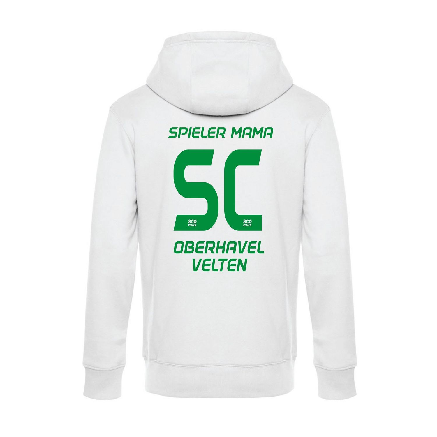 Hoodie in Weiß mit grünem SCO-Nummer-Motiv und Spieler-Mama-Zusatz, Rückansicht.