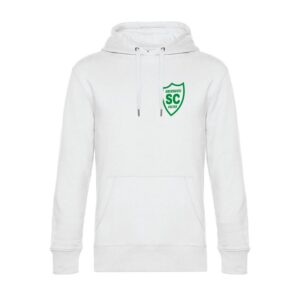 Weißer Hoodie der Motivlinie SCO Nummer mit grünem SCO-Brustwappen, Vorderansicht.