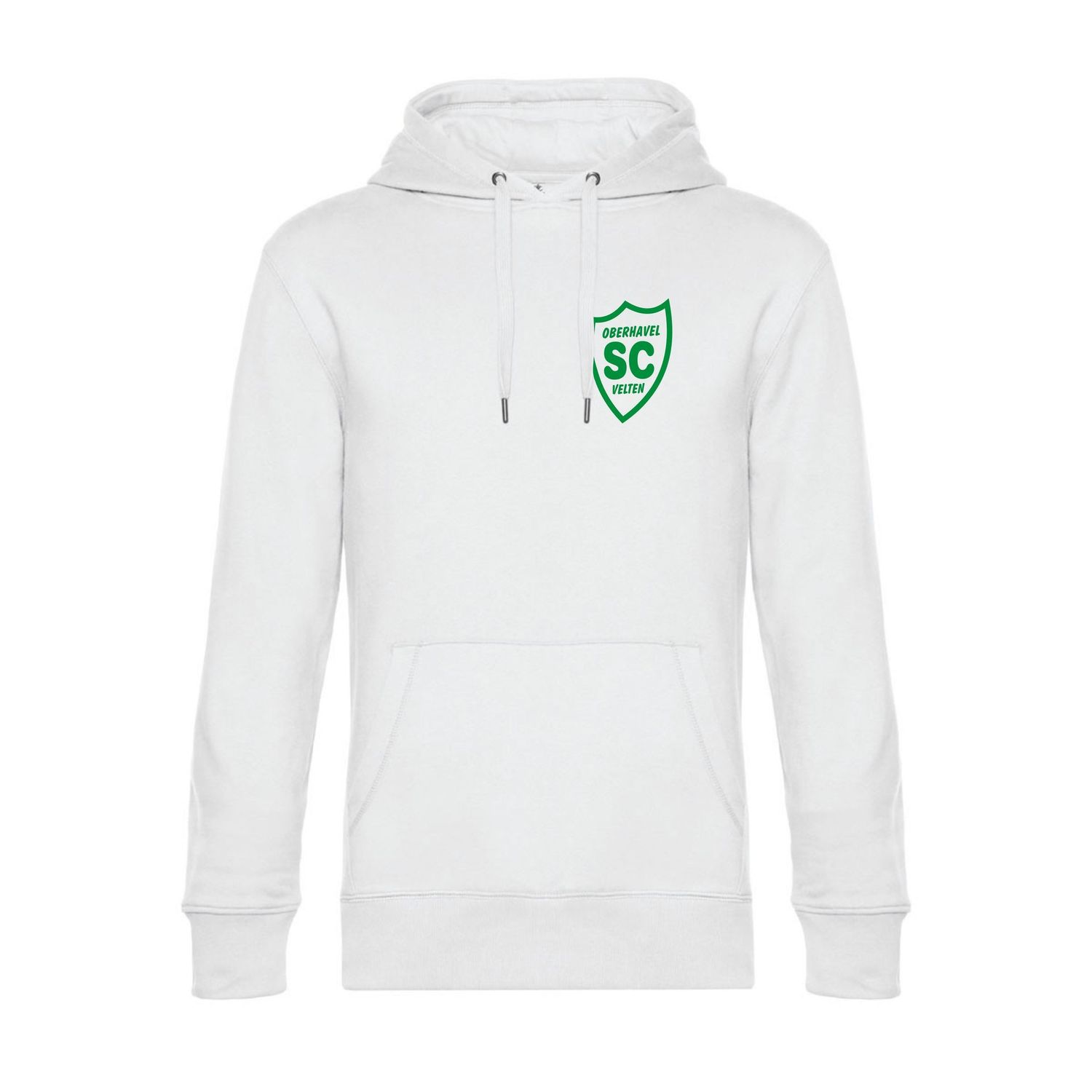 Weißer Hoodie der Motivlinie SCO Nummer mit grünem SCO-Brustwappen, Vorderansicht.
