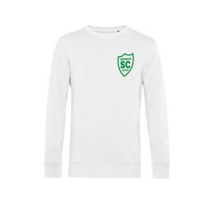 Weißes Sweatshirt der Motivlinie SCO Nummer mit grünem SCO-Brustwappen, Vorderansicht.