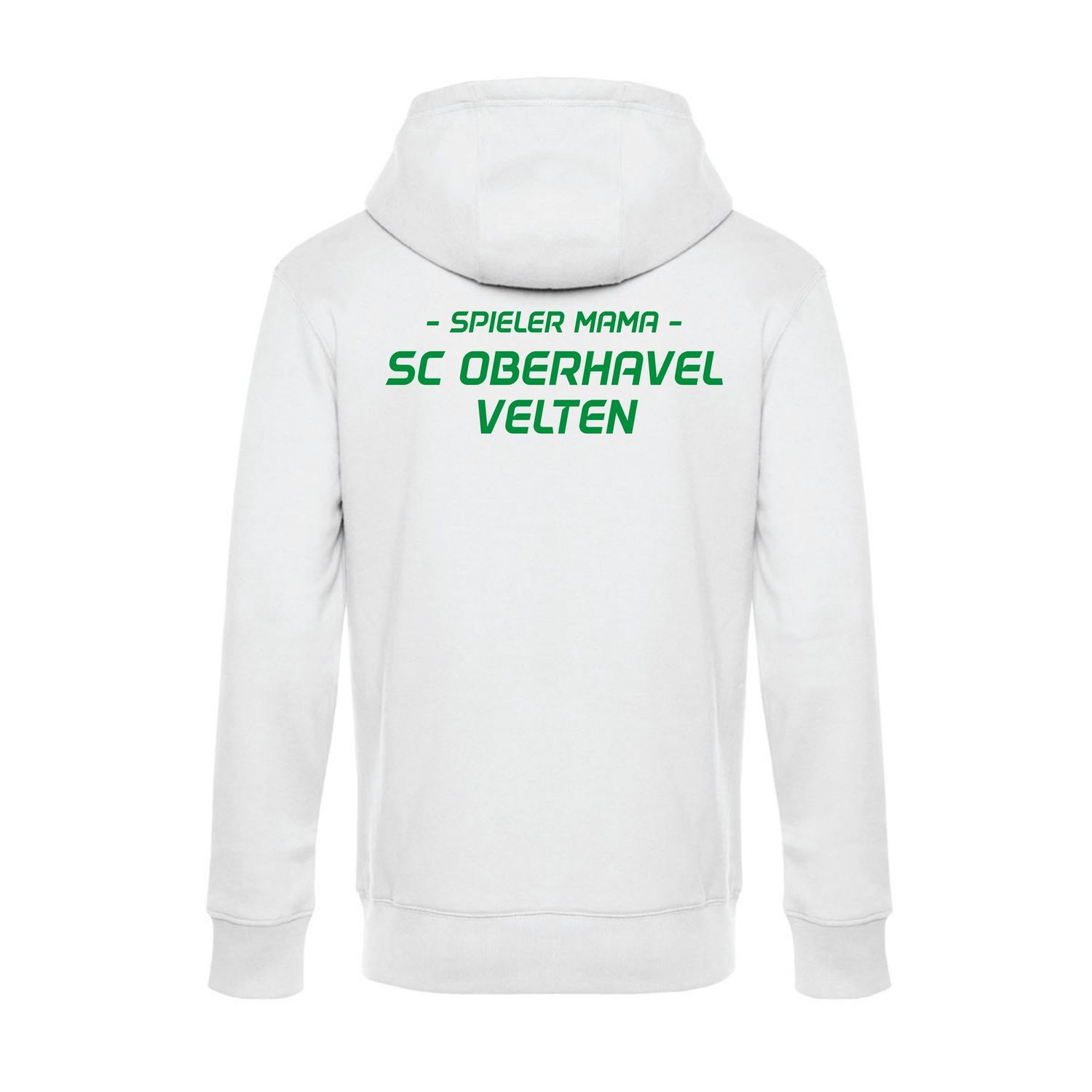 Hoodie in Weiß mit grünem Vereinsschriftzug und Spieler-Mama-Zusatz, Rückansicht.