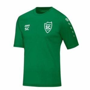 Grünes JAKO Trikot Team kurzarm mit weißem SCO-Wappen und Initialen als Druckbeispiel.