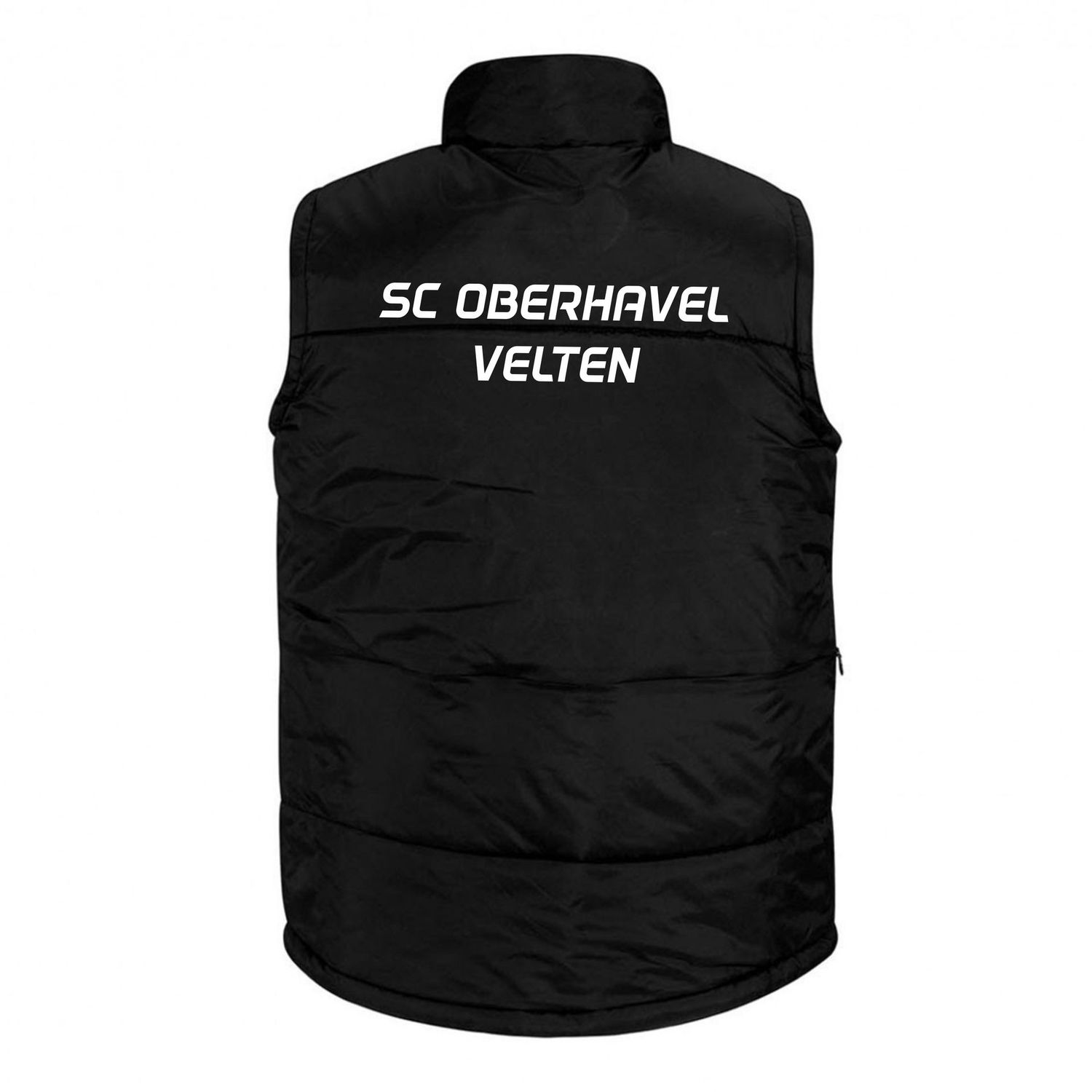 Schwarzer Bodywarmer mit weißem Schriftzug SC Oberhavel Velten, Rückansicht.