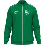 Grüne JAKO One Polyesterjacke mit weißem SCO-Wappen und Initialen als Druckbeispiel, Vorderansicht.
