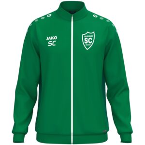 Grüne JAKO One Polyesterjacke mit weißem SCO-Wappen und Initialen als Druckbeispiel, Vorderansicht.