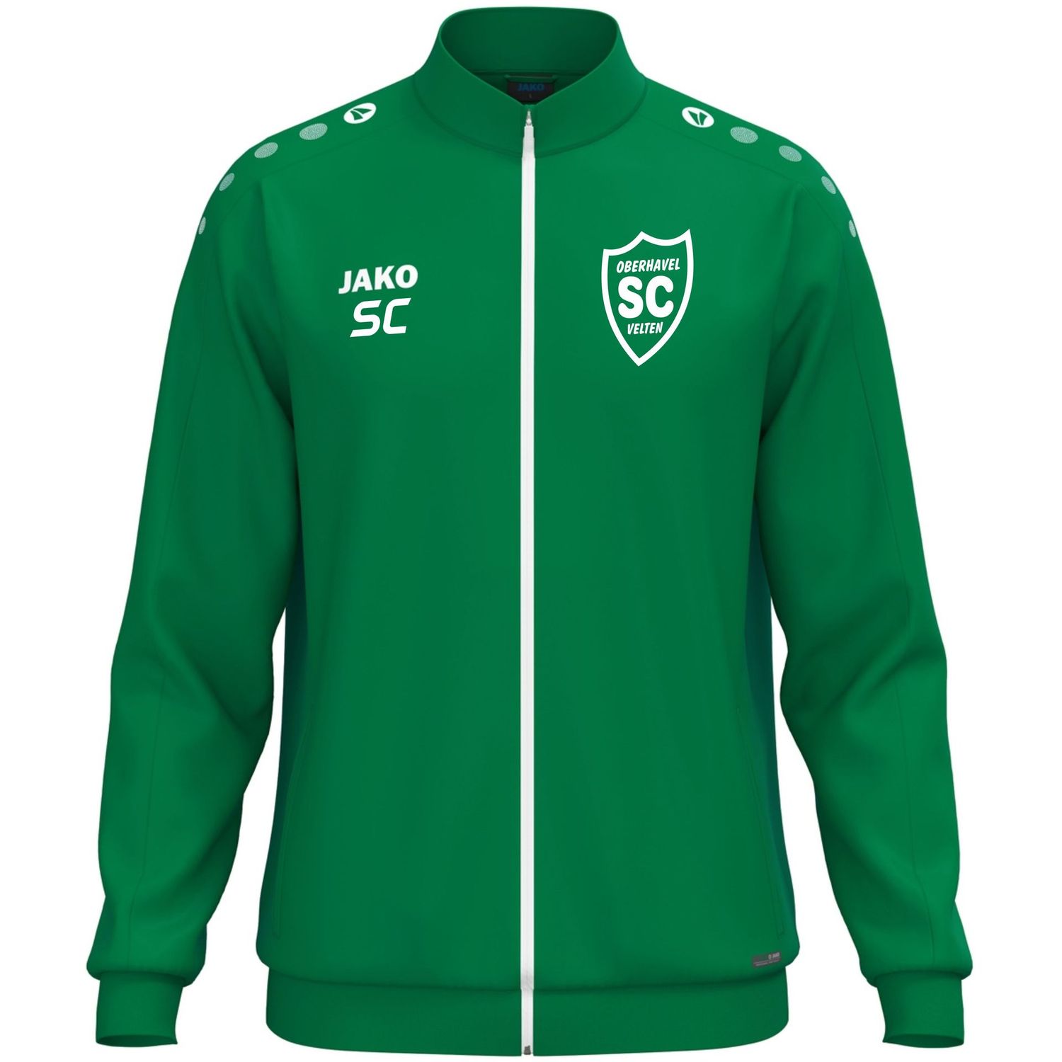 Grüne JAKO One Polyesterjacke mit weißem SCO-Wappen und Initialen als Druckbeispiel, Vorderansicht.