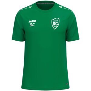 Grünes JAKO T-Shirt One aus Polyester mit weißem SCO-Wappen und Initialen als Druckbeispiel.