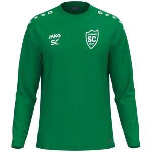 Grünes JAKO One Sweatshirt mit weißem SCO-Wappen und Initialen als Druckbeispiel, Vorderansicht.