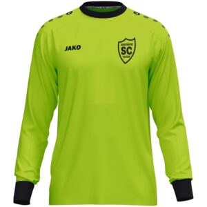 Gelbgrünes JAKO Torwart-Trikot One mit schwarzen Ärmelabschlüssen und SCO-Wappen, Vorderansicht.