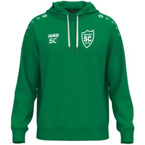 Grüner JAKO Kapuzensweat One Cotton mit weißem SCO-Wappen und Initialen als Druckbeispiel.