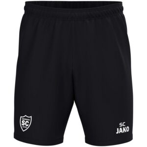 Schwarze JAKO Trainingsshort One mit weißem SCO-Wappen, Vorderansicht.