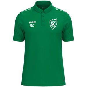 Grünes JAKO One Polo mit weißem SCO-Wappen und Initialen als Druckbeispiel, Vorderansicht.