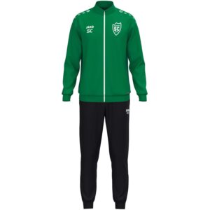 JAKO One Polyesteranzug mit grüner Jacke, schwarzer Hose und weißem SCO-Vereinsdruck.