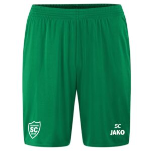 Grüne JAKO One Sporthose mit weißem SCO-Wappen und Initialen als Druckbeispiel, Vorderansicht.