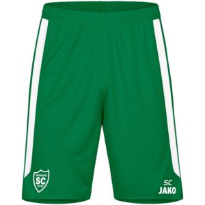 Grüne JAKO Sporthose Power mit weißen Seitenstreifen und SCO-Wappen, Vorderansicht.