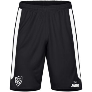 Schwarze JAKO Short Power mit weißen Seitenstreifen und SCO-Wappen, Vorderansicht.