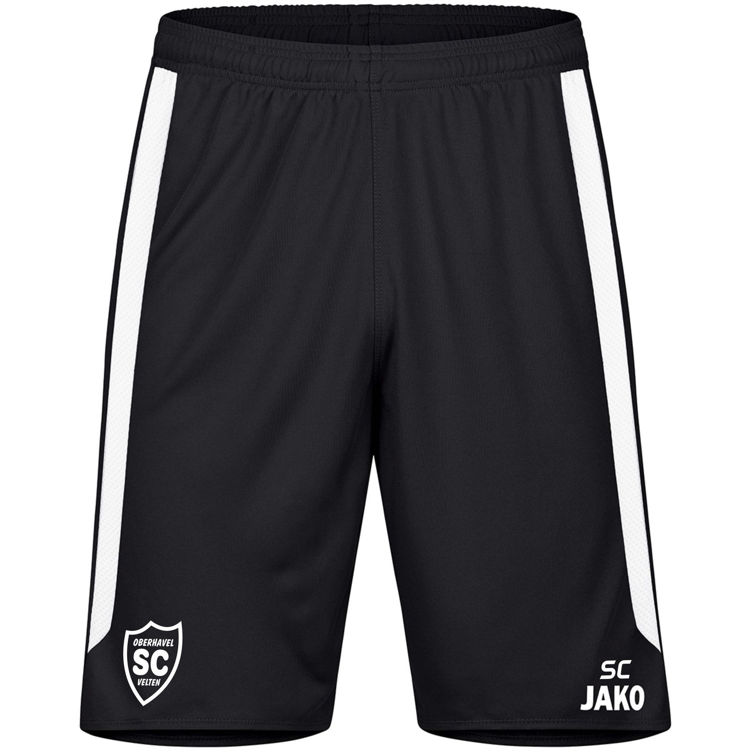 Schwarze JAKO Short Power mit weißen Seitenstreifen und SCO-Wappen, Vorderansicht.