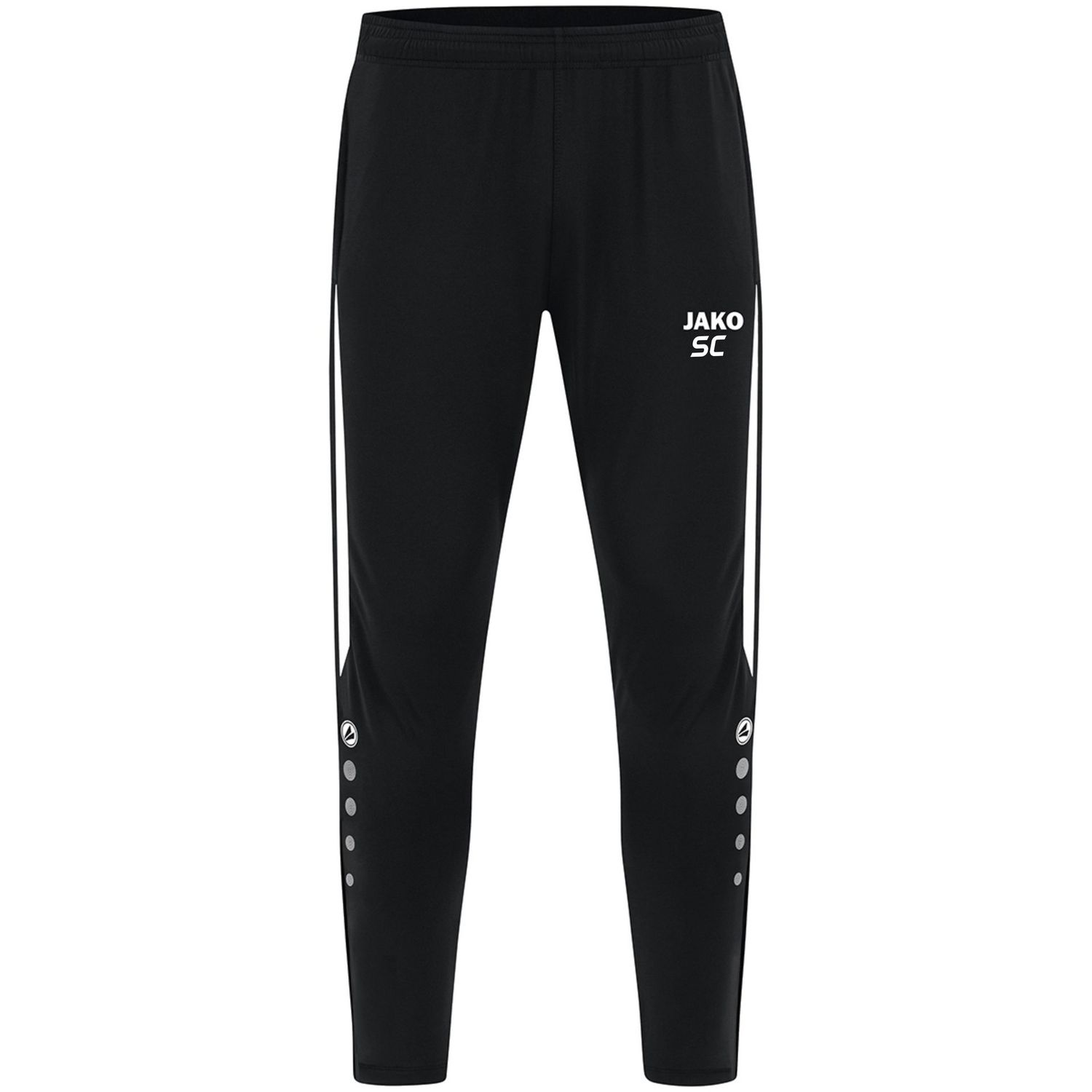 Schwarze JAKO Polyesterhose Power mit weißen JAKO-Dots an den Unterschenkeln.