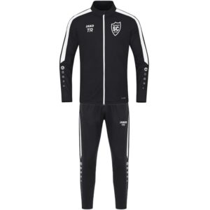 Schwarzer JAKO Trainingsanzug Polyester Power aus Jacke und Hose mit weißen Kontraststreifen und SCO-Wappen.