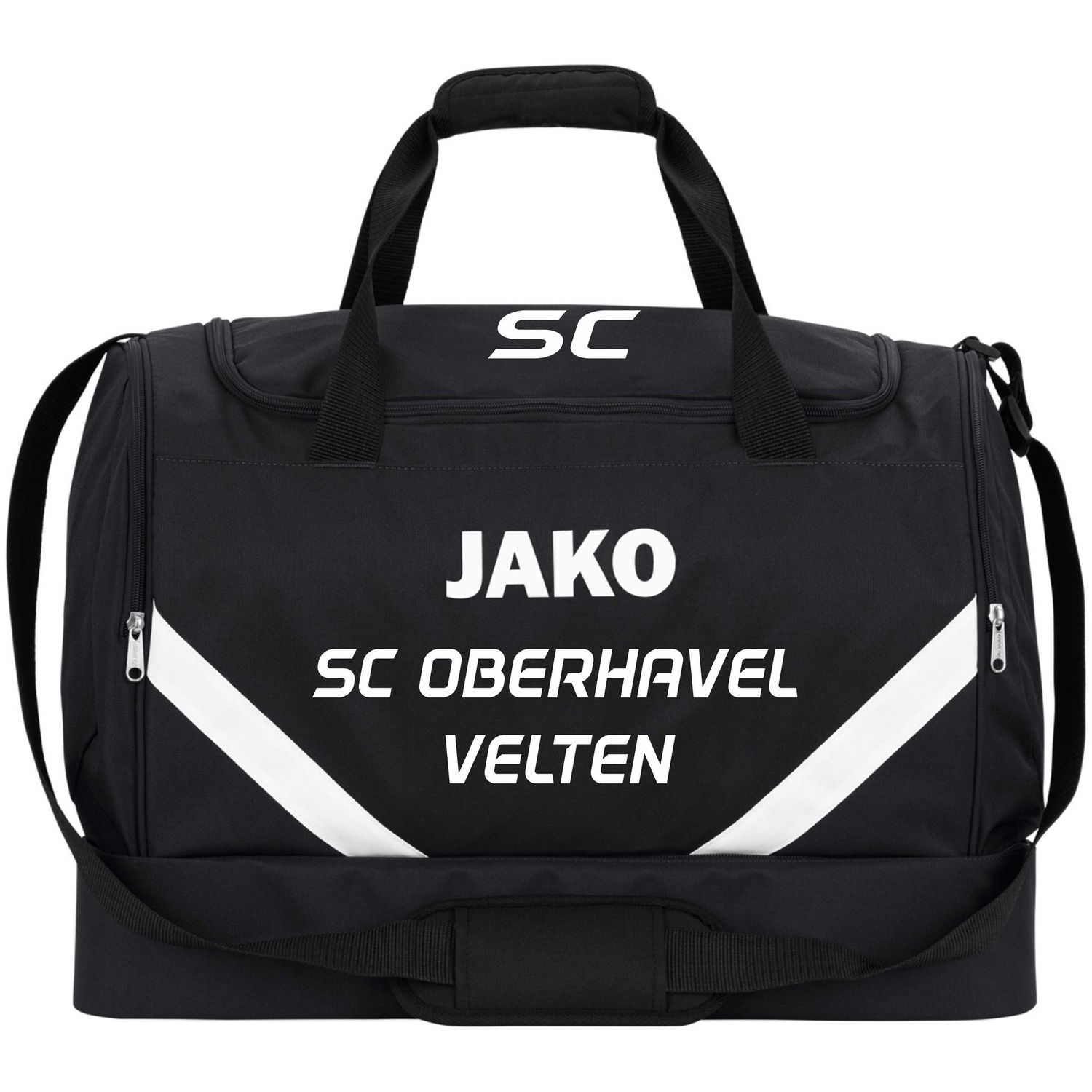 Schwarze JAKO Sporttasche Iconic mit Bodenfach, weißen Kontrastelementen und SCO-Vereinsschriftzug.
