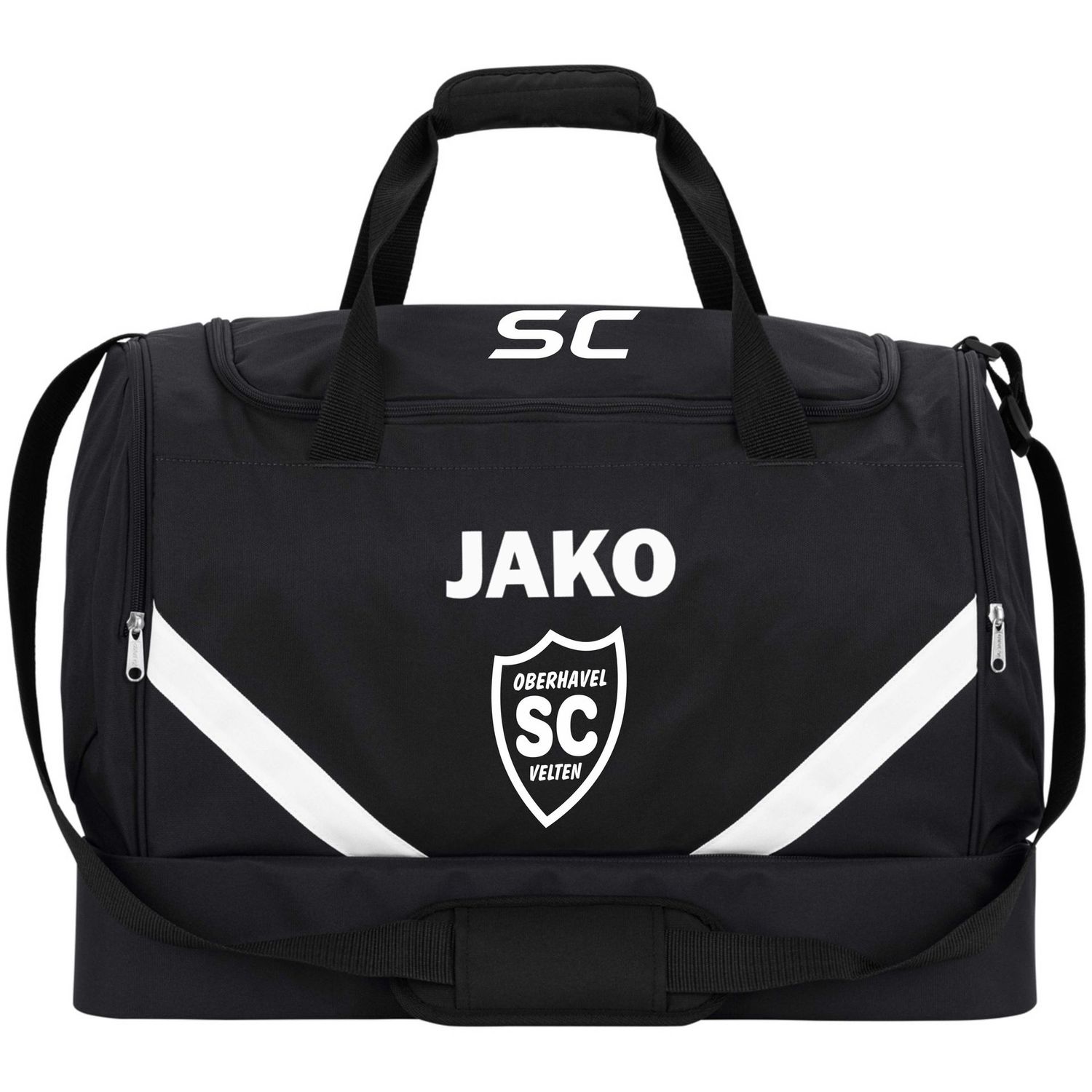 Schwarze JAKO Sporttasche Iconic mit Bodenfach, weißen Details, SCO-Wappen und Initialen.