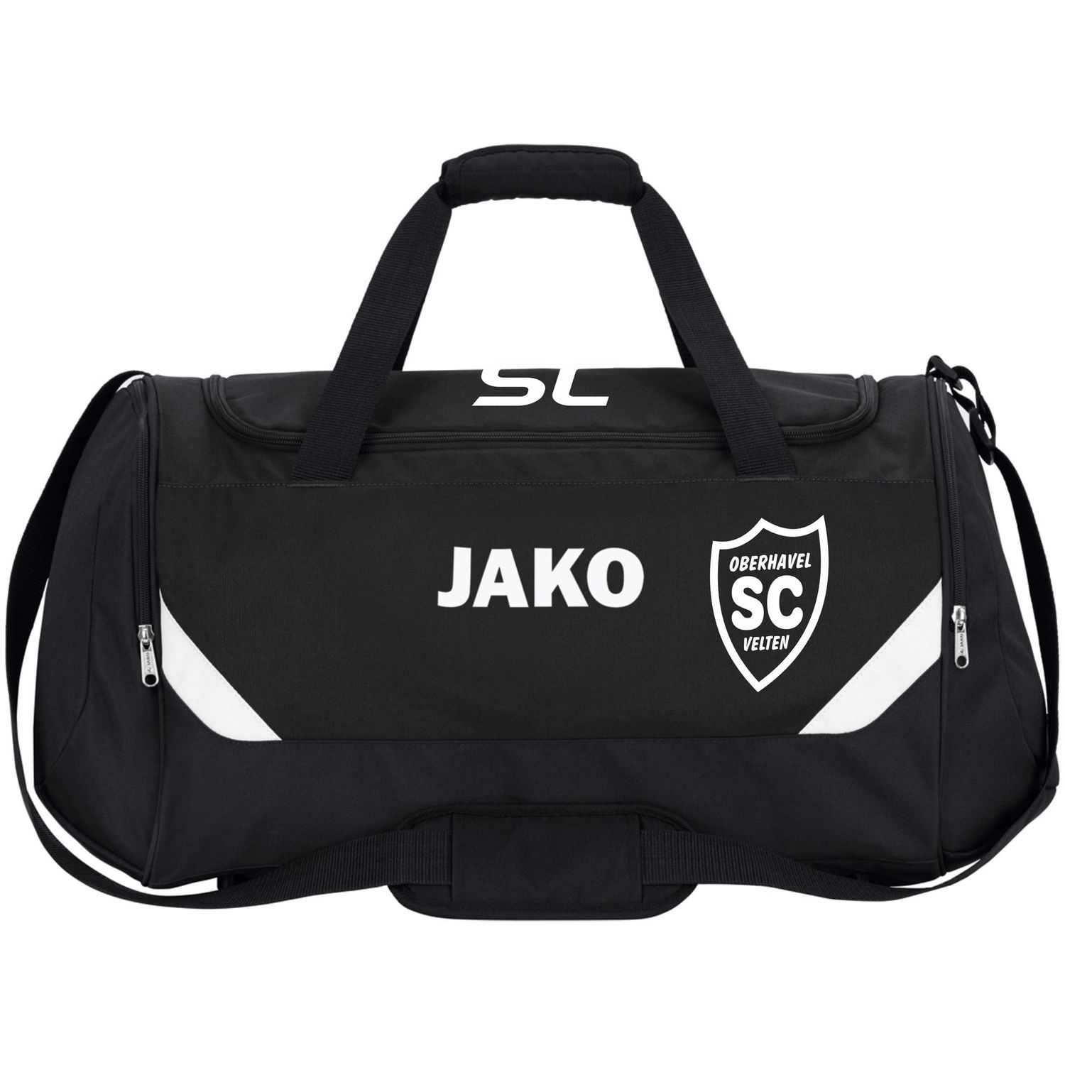 Schwarze JAKO Sporttasche Iconic ohne Bodenfach mit weißen Details, SCO-Wappen und Initialen.