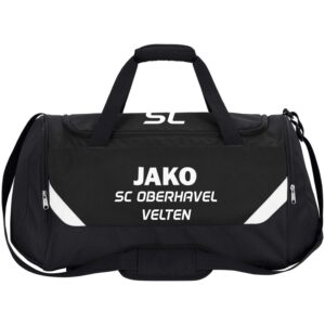 Schwarze JAKO Sporttasche Iconic ohne Bodenfach mit weißen Kontrastelementen und SCO-Vereinsschriftzug.