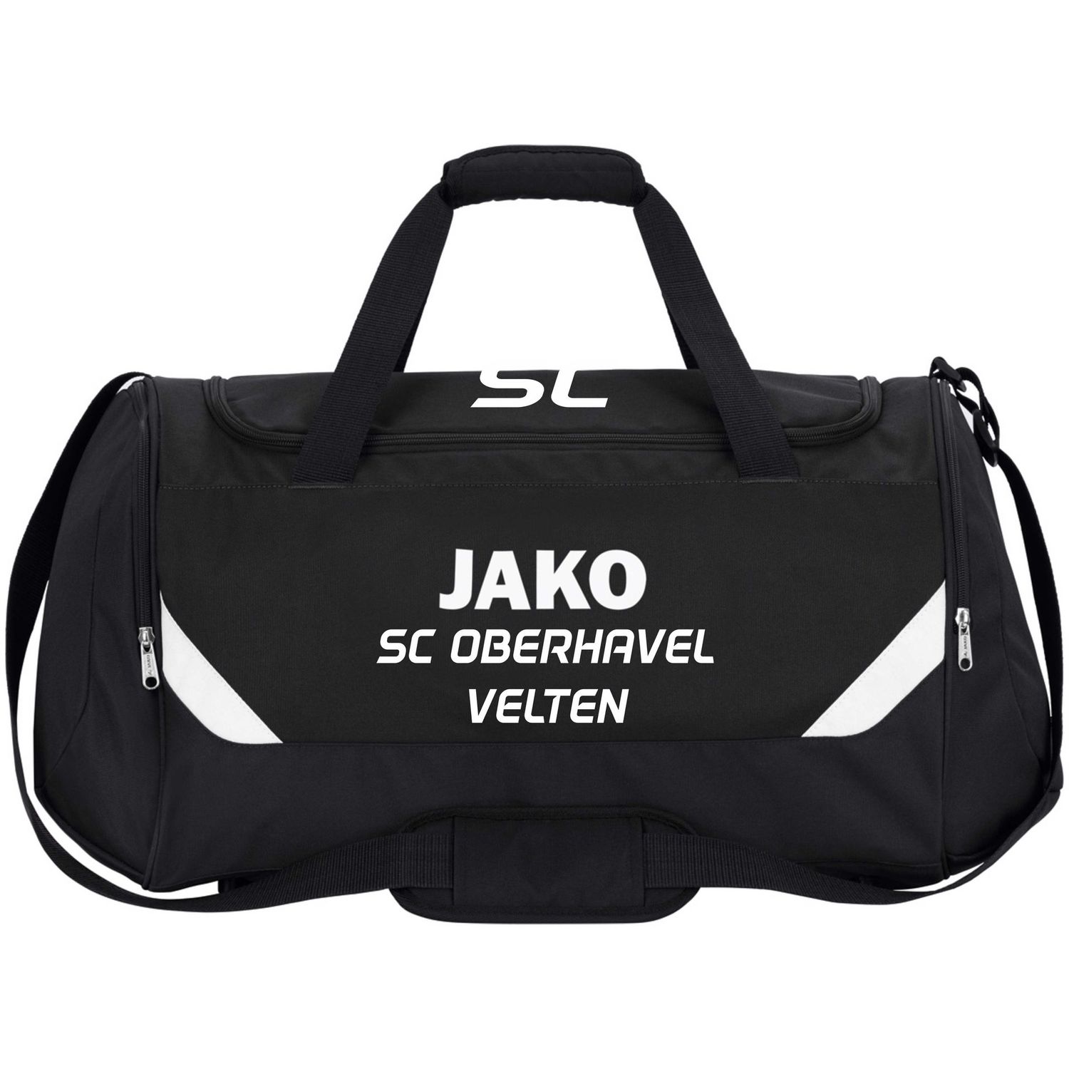 Schwarze JAKO Sporttasche Iconic ohne Bodenfach mit weißen Kontrastelementen und SCO-Vereinsschriftzug.