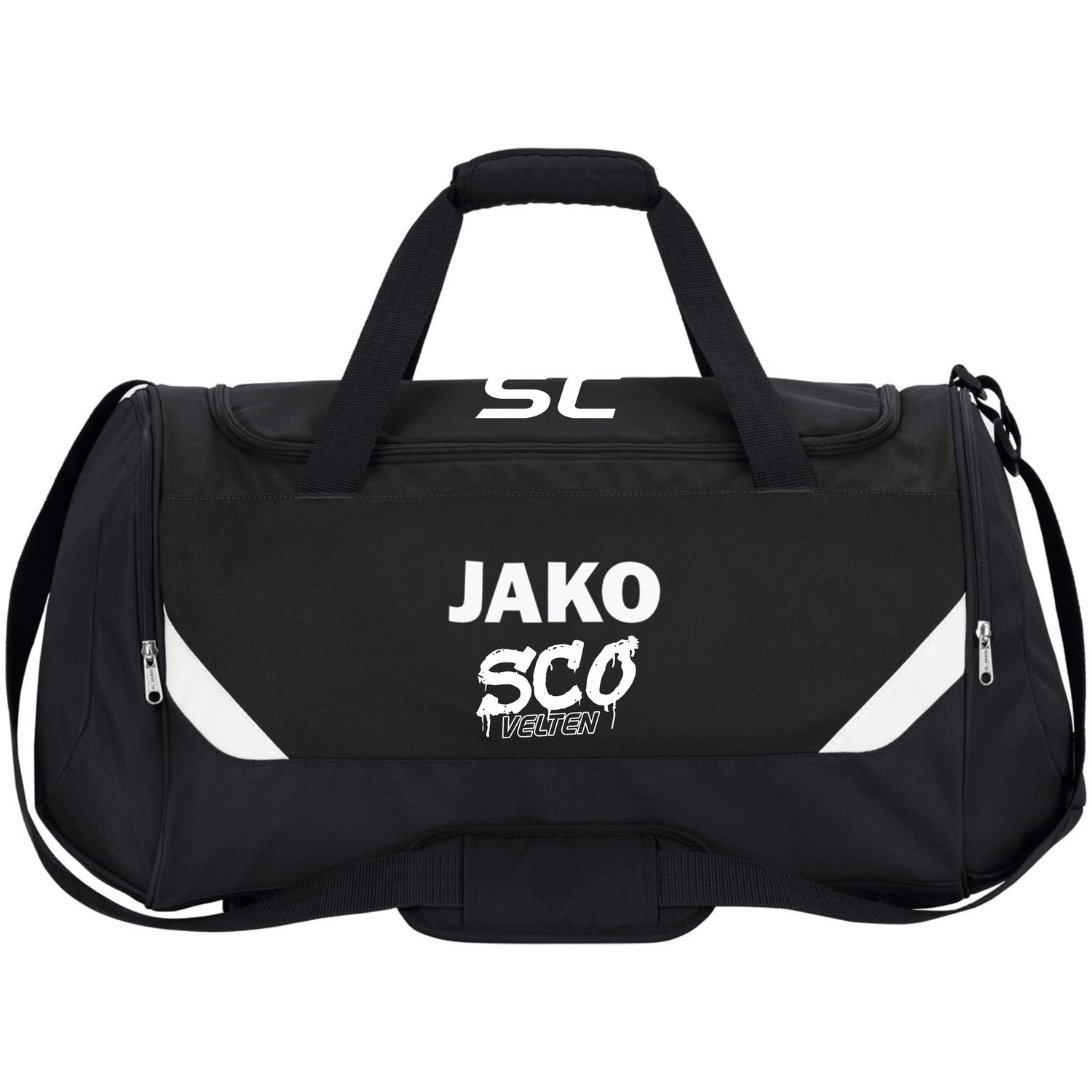Schwarze JAKO Sporttasche Iconic ohne Bodenfach mit weißen Details, SCO-Graffiti und Initialen.