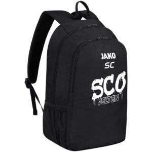 Schwarzer JAKO Rucksack One mit weißem SCO-Graffiti-Druck und Initialen als Veredelungsbeispiel.