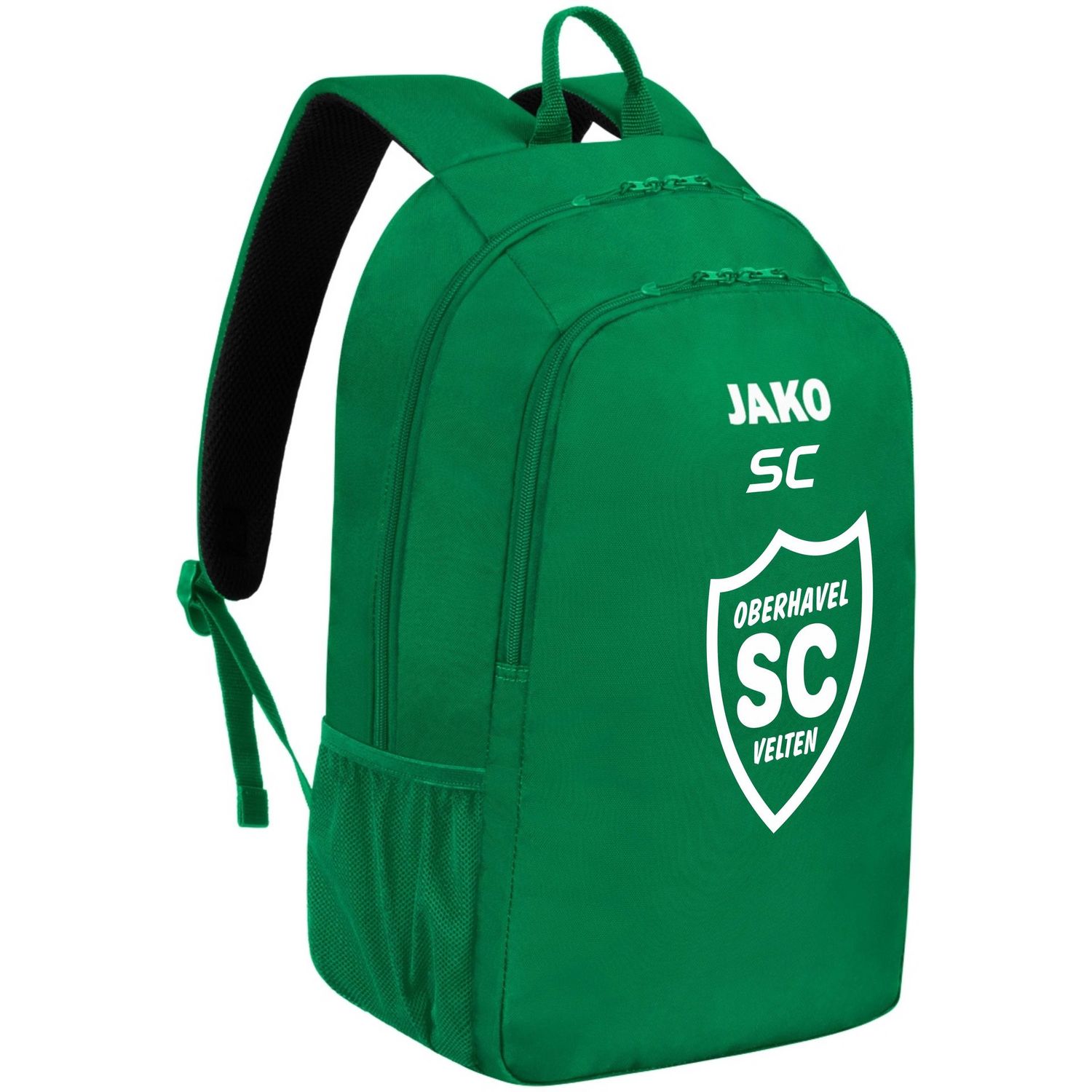 Grüner JAKO Rucksack One mit weißem SCO-Wappen und Initialen als Veredelungsbeispiel.