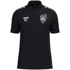 Schwarzes JAKO One Polo mit weißem SCO-Wappen und Initialen als Druckbeispiel, Vorderansicht.