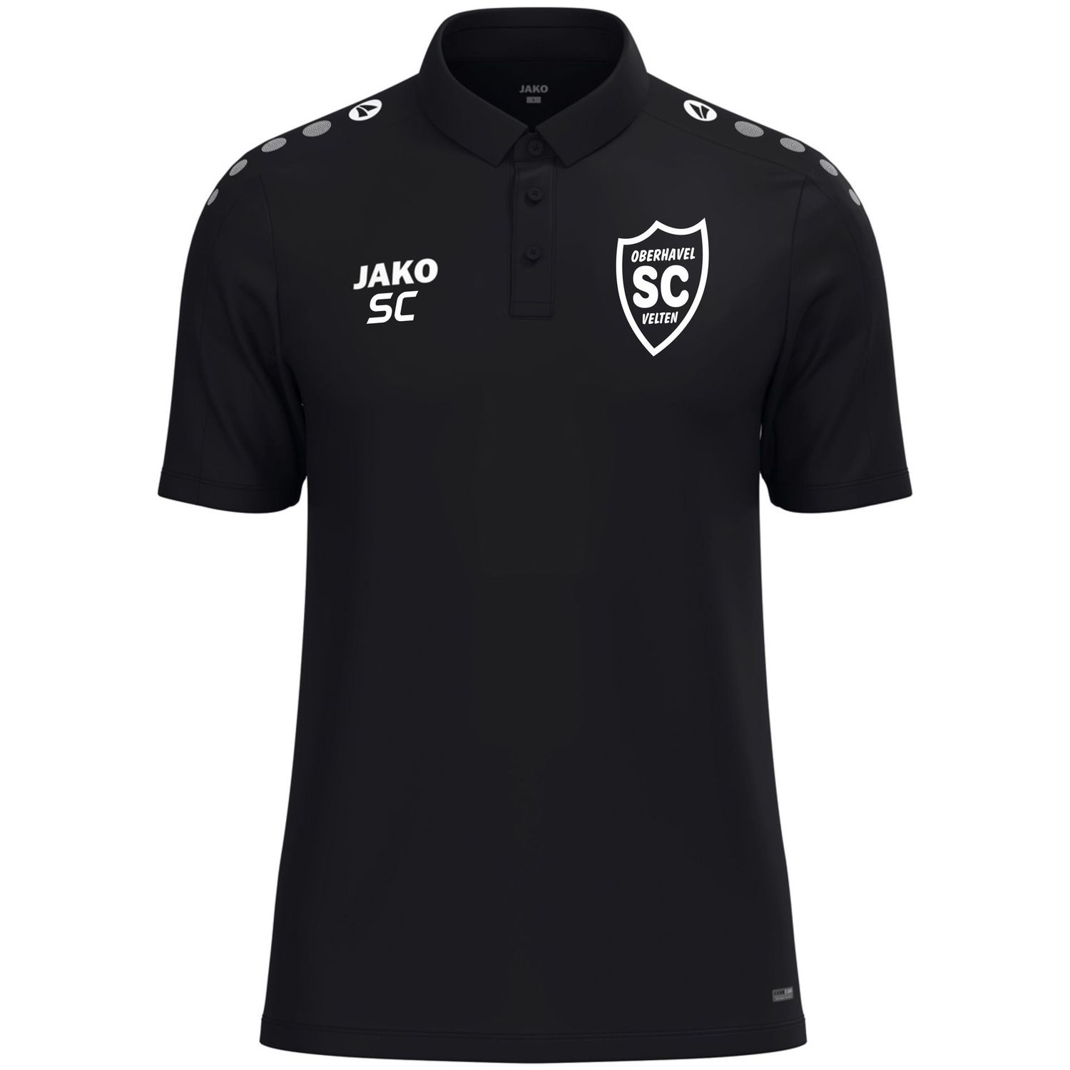 Schwarzes JAKO One Polo mit weißem SCO-Wappen und Initialen als Druckbeispiel, Vorderansicht.