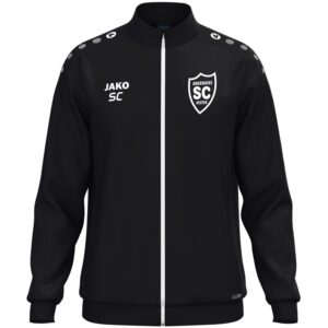 Schwarze JAKO One Polyesterjacke mit weißem SCO-Wappen und Initialen als Druckbeispiel.