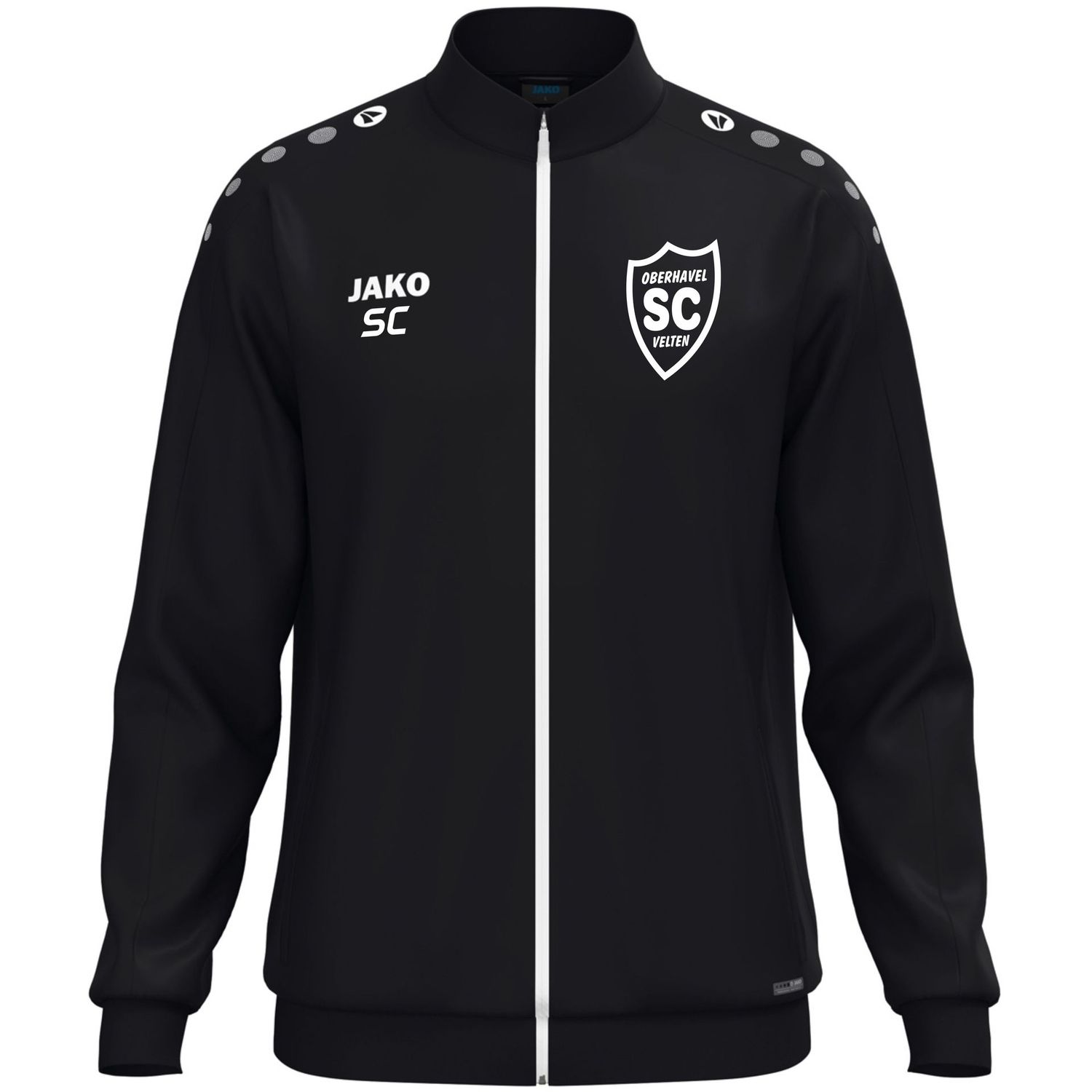 Schwarze JAKO One Polyesterjacke mit weißem SCO-Wappen und Initialen als Druckbeispiel.