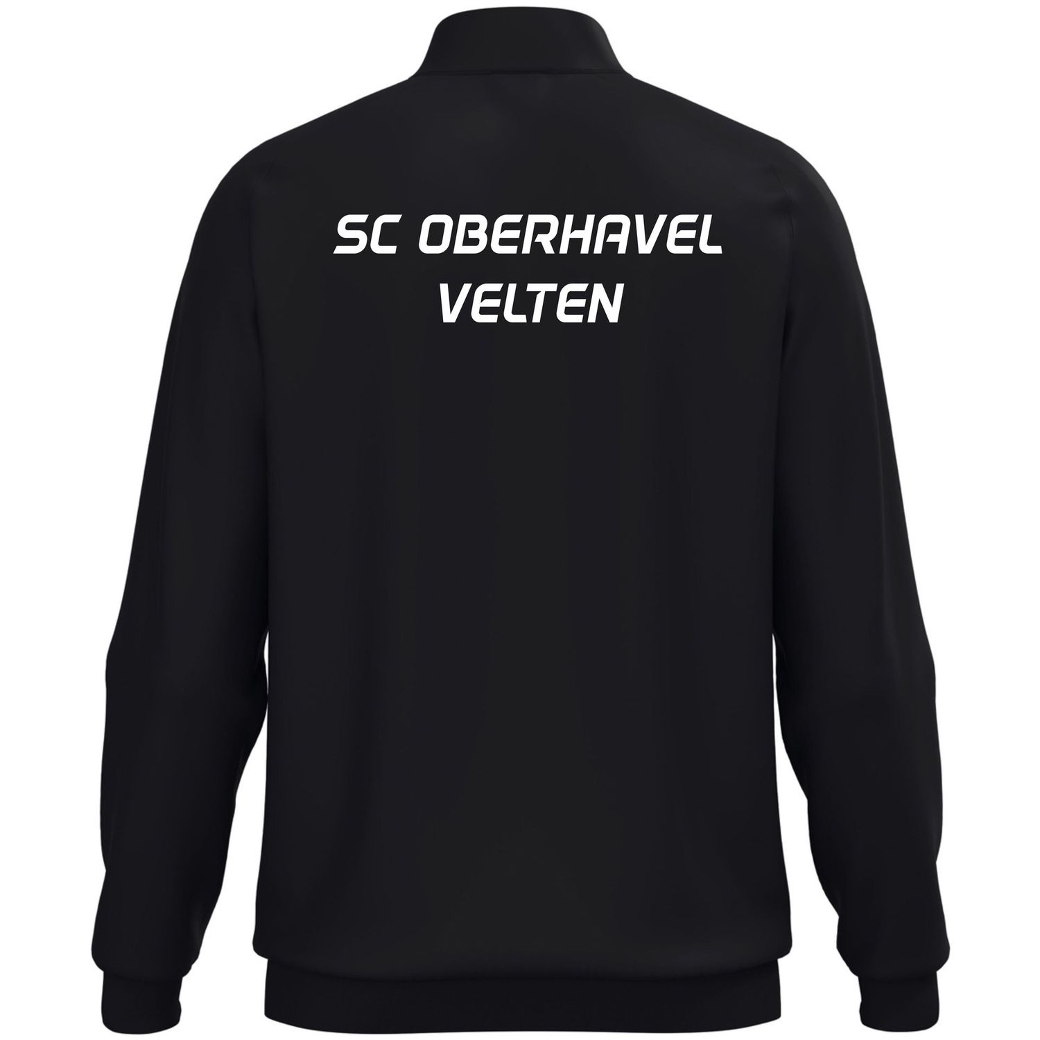 JAKO One Polyesterjacke: Rückansicht in Schwarz mit weißem Schriftzug SC Oberhavel Velten.