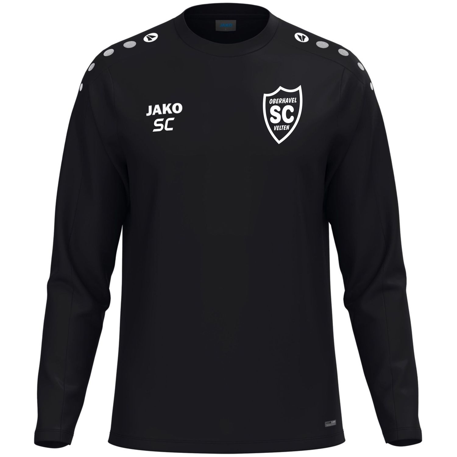 Schwarzes JAKO One Sweatshirt mit weißem SCO-Wappen und Initialen als Druckbeispiel.