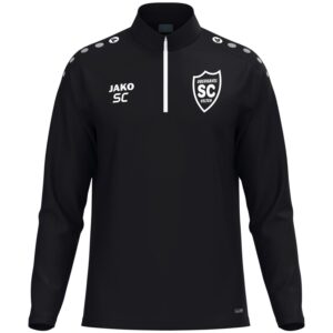 Schwarzes JAKO One Ziptop mit kurzem Reißverschluss und weißem SCO-Wappen, Vorderansicht.