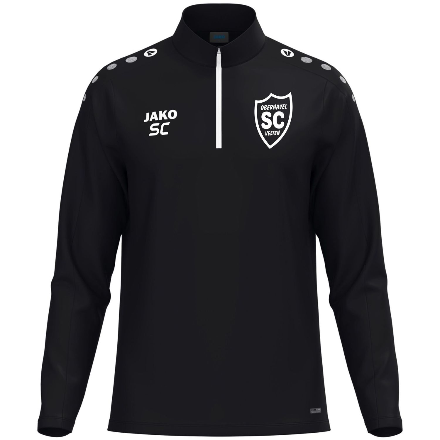 Schwarzes JAKO One Ziptop mit kurzem Reißverschluss und weißem SCO-Wappen, Vorderansicht.