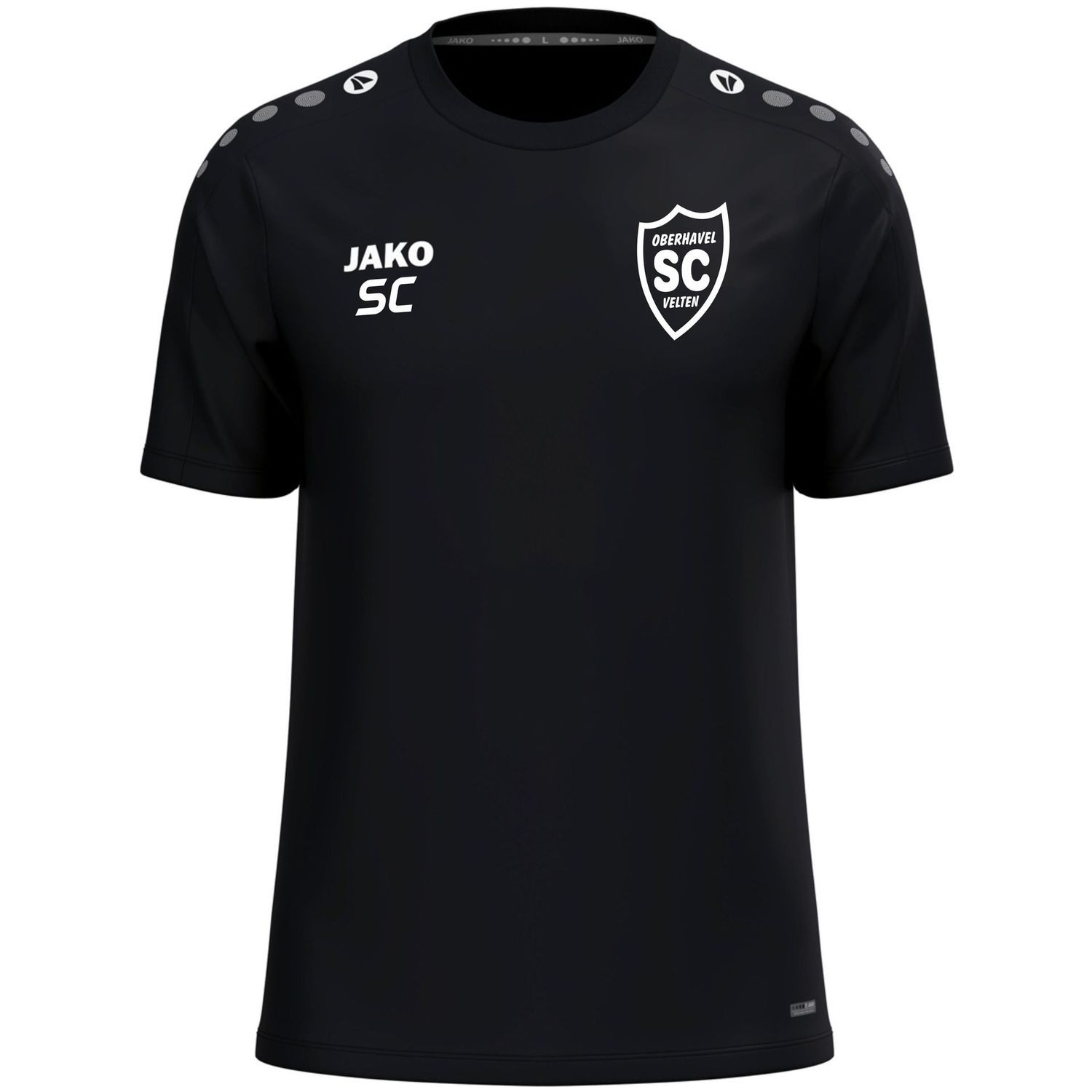 Schwarzes JAKO T-Shirt mit weißem SCO-Wappen und Initialen als Beispiel im Trainer-Starter-Paket, Vorderansicht.