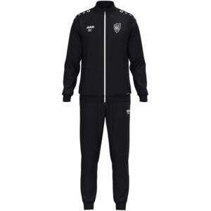 Schwarzer JAKO One Polyesteranzug aus Jacke und Hose mit weißem SCO-Vereinsdruck.