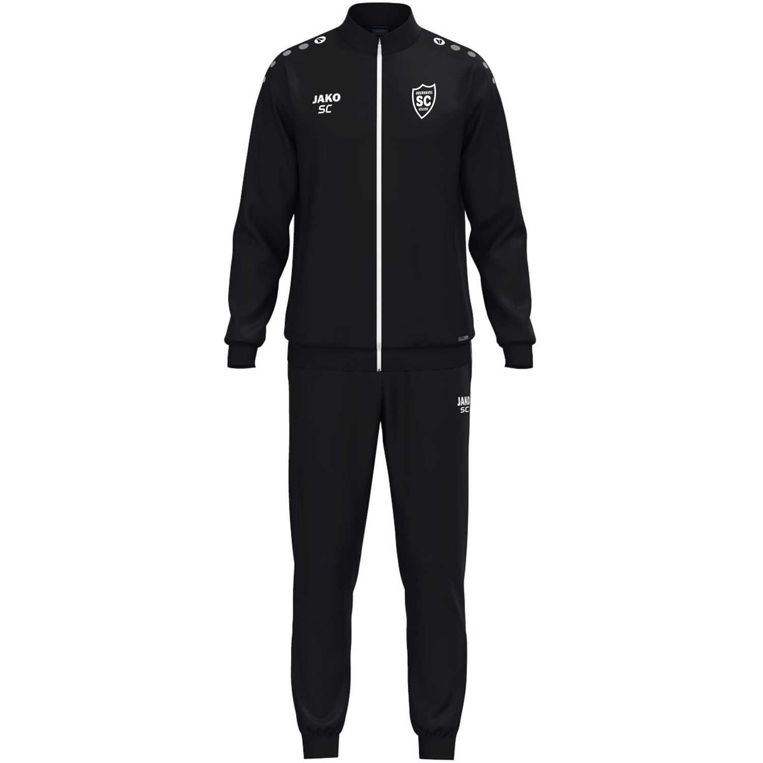 Schwarzer JAKO One Polyesteranzug aus Jacke und Hose mit weißem SCO-Vereinsdruck.