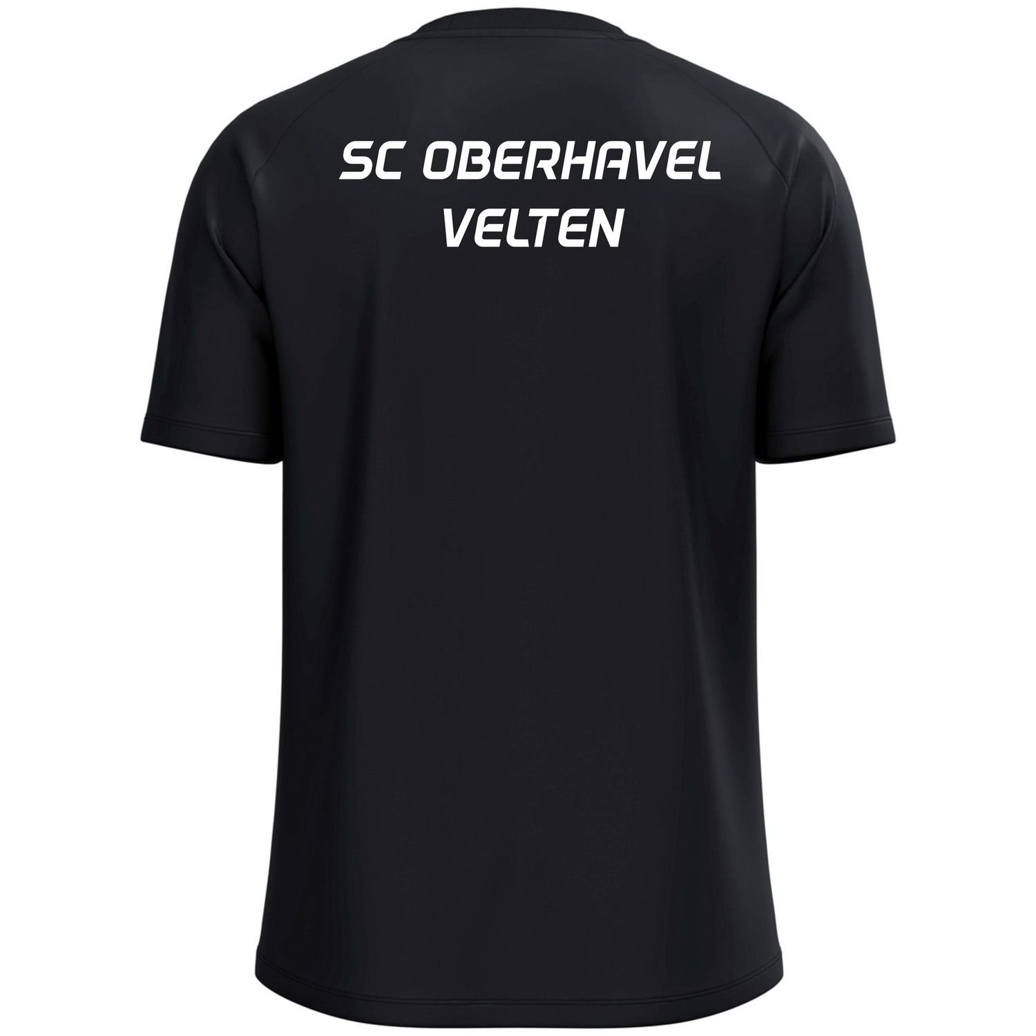 Schwarzes T-Shirt aus dem Trainer-Starter-Paket mit weißem Vereinsschriftzug, Rückansicht.