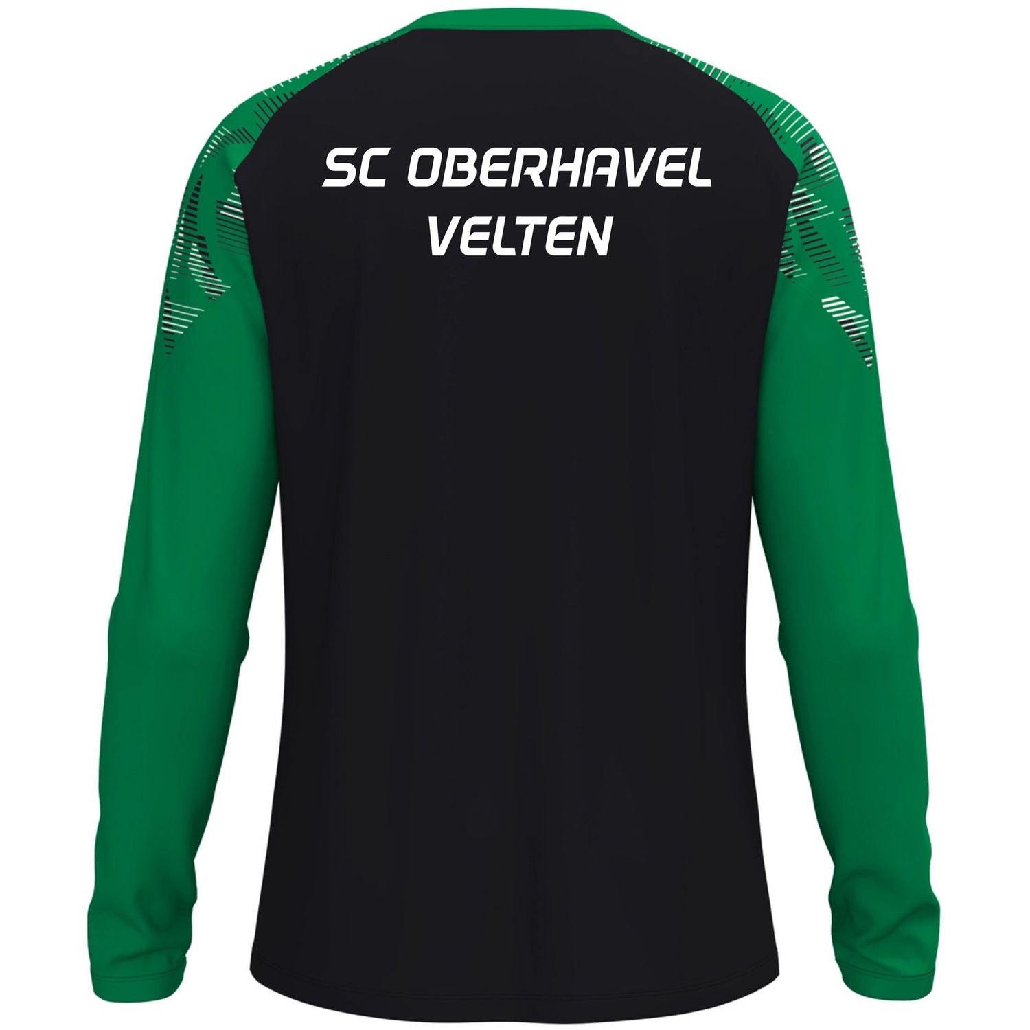 JAKO Longsleeve Sonic TR: Rückansicht in Schwarz mit grünen Ärmeln mit weißem Schriftzug SC Oberhavel Velten.