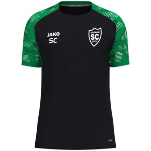 JAKO T-Shirt Sonic TR in Schwarz und Grün mit gemusterten Ärmeln und weißem SCO-Wappen.