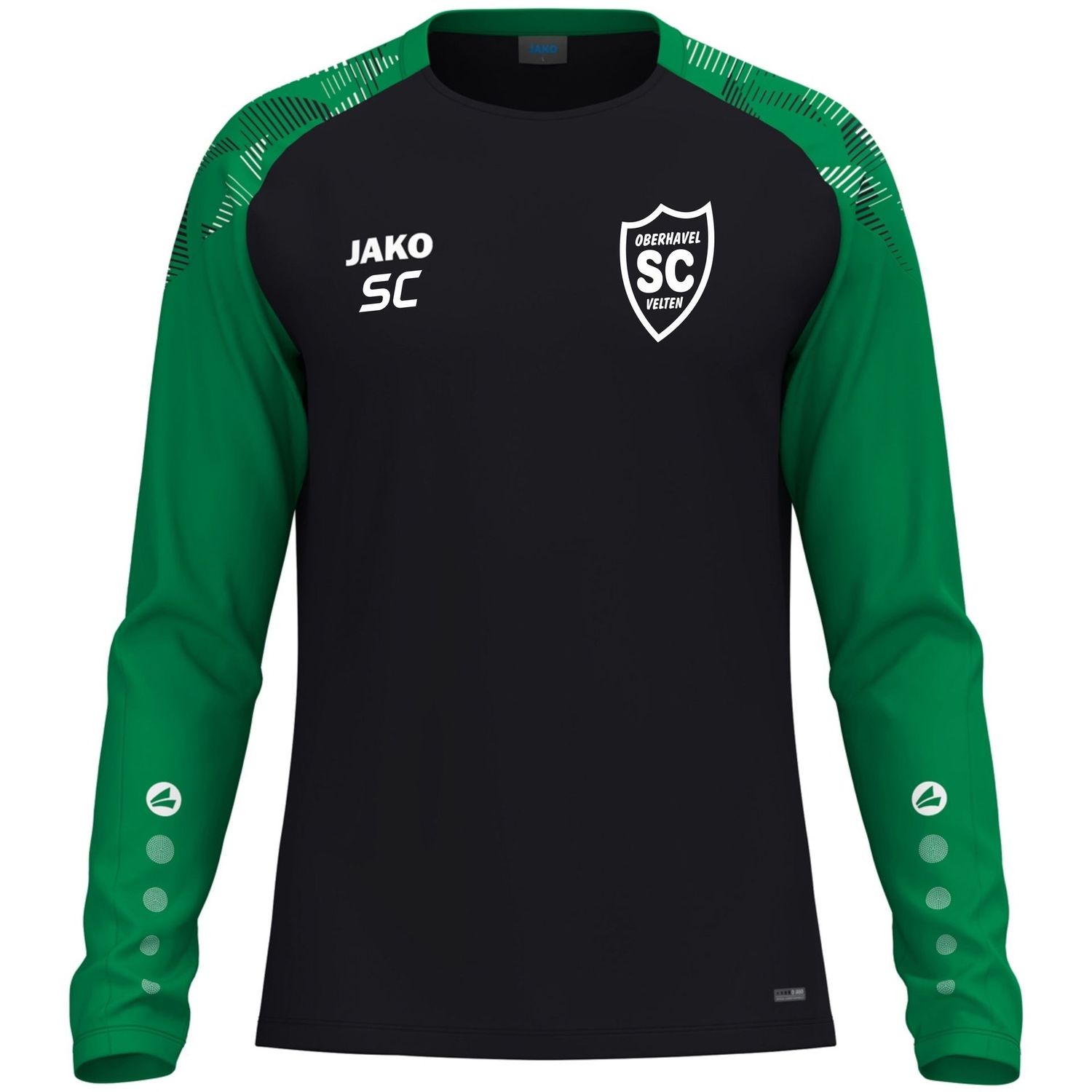 JAKO Longsleeve Sonic TR in Schwarz und Grün mit weißem SCO-Wappen auf der Brust.