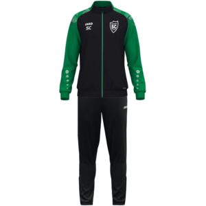 JAKO Polyesteranzug Sonic TR mit schwarz-grüner Jacke, schwarzer Hose und SCO-Vereinsdruck.