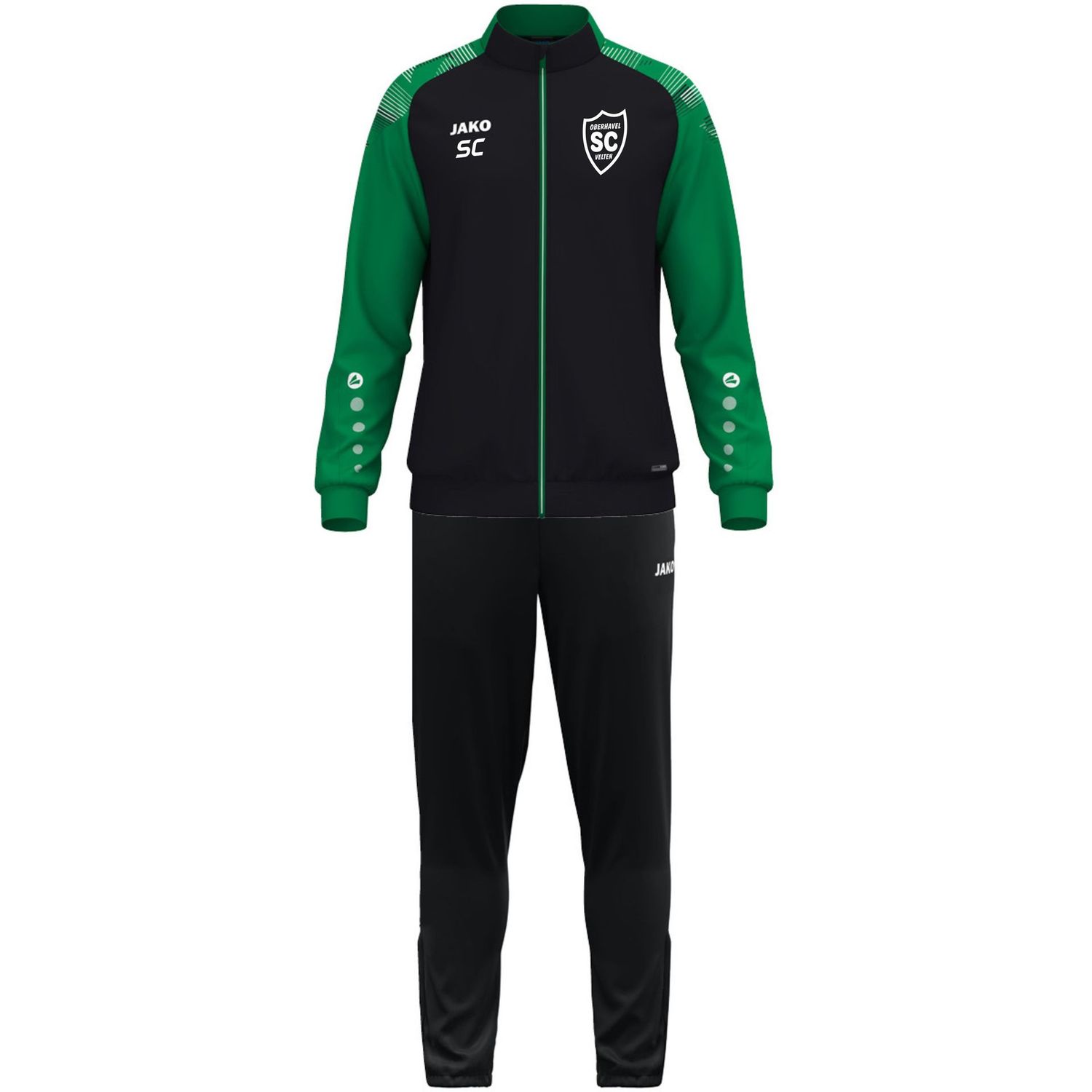 JAKO Polyesteranzug Sonic TR mit schwarz-grüner Jacke, schwarzer Hose und SCO-Vereinsdruck.